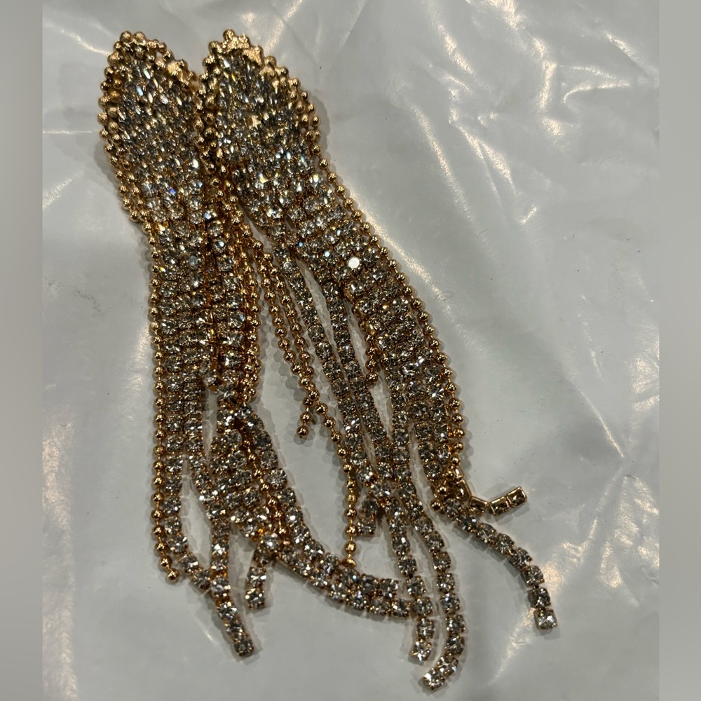 New Goldtone Crystals Tassels Earrings